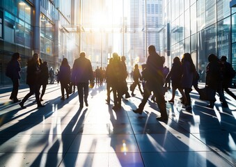 Bustling City Life with Commuters Walking in Sunlit Business District