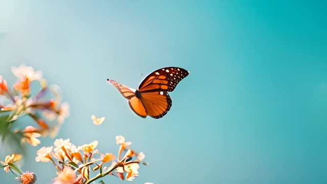 Monarch Butterfly Flying Against Blue Sky with Ai generated.
