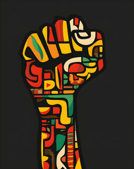 Juneteenth and Kwanzaa themed artwork with raised fist and colorful African pattern, representing the fight for freedom and equality.
