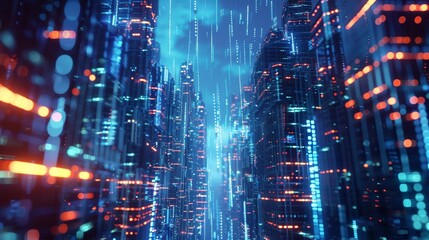 Fototapeta premium A digital city with blue and orange lights.