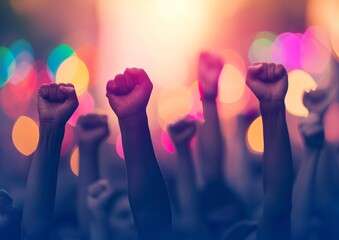 Raised fists in solidarity against a backdrop of vibrant bokeh lights