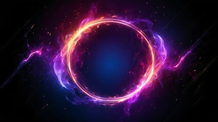 Abstract neon energy sphere of particles and waves of magical glowing on a dark background, circle and loop frames with magic purple and pink flame and sparks isolated on transparent