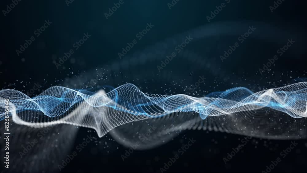 Poster futuristic video animation with particle wave object in slow motion, 4096x2304 loop 4k