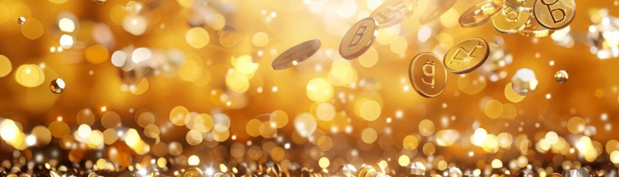 A grand stage set against a backdrop of cascading gold coins and glittering gemstones in a jackpot extravaganza