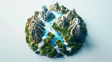 3D earth logo vector with green trees, photovoltaic panels, and electric cars, rendered in miniature style on a white background. The earth shows diverse landscapes with mountains, forests