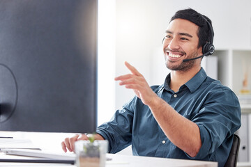 Business, computer and man with telemarketing, customer service and conversation in modern office....