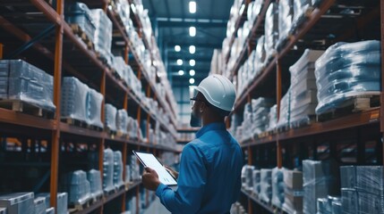 A warehouse employee in a high visibility vest uses a digital tablet to manage inventory in a large distribution center. AIG41