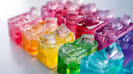 A row of colorful silicone ice cube trays filled with water, ready to be frozen for refreshing beverages