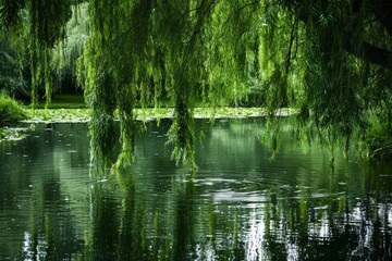 A serene pond with a weeping willow dipping its branches generated by AI