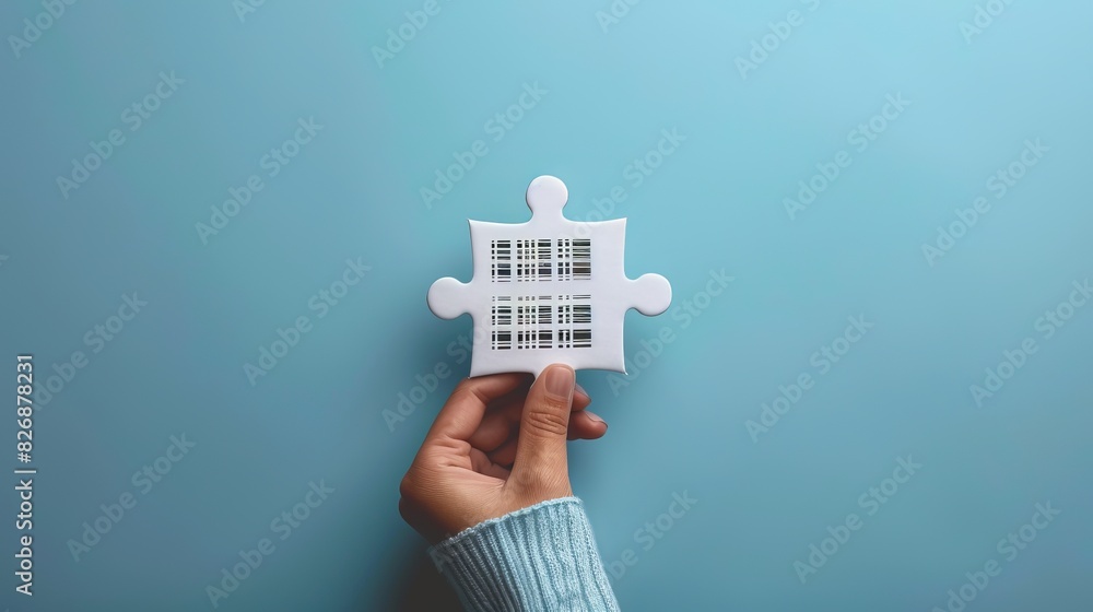 Poster a hand holding a white puzzle piece with a digital code on a pastel background, digital binary as ob