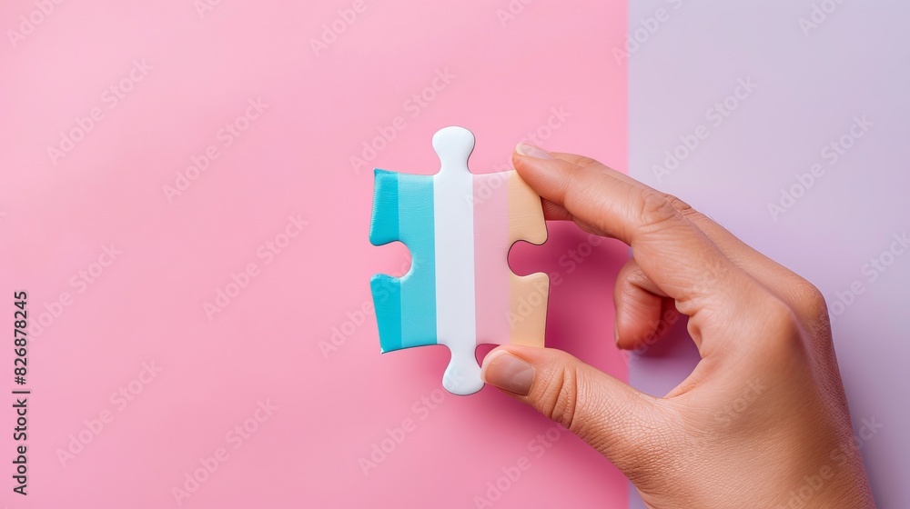 Poster a hand holds a white puzzle piece with a big digital bar code on a pastel background, digital binary