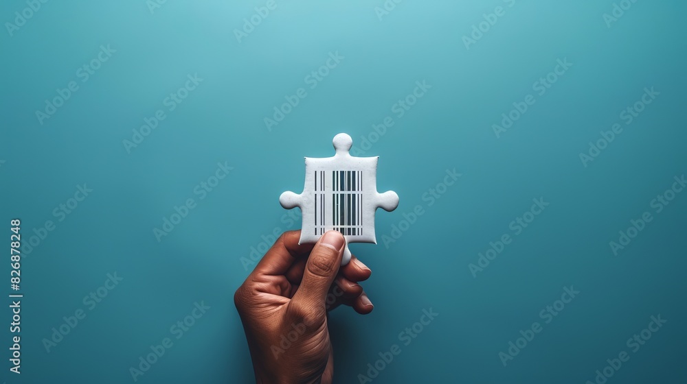 Poster a hand holding a white puzzle piece with a digital code on a pastel background, digital binary as ob