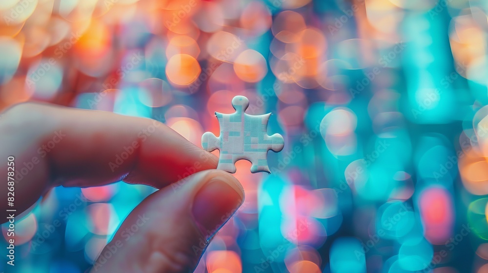 Poster a hand holding a white puzzle piece with a digital code on a pastel background, digital binary as ob