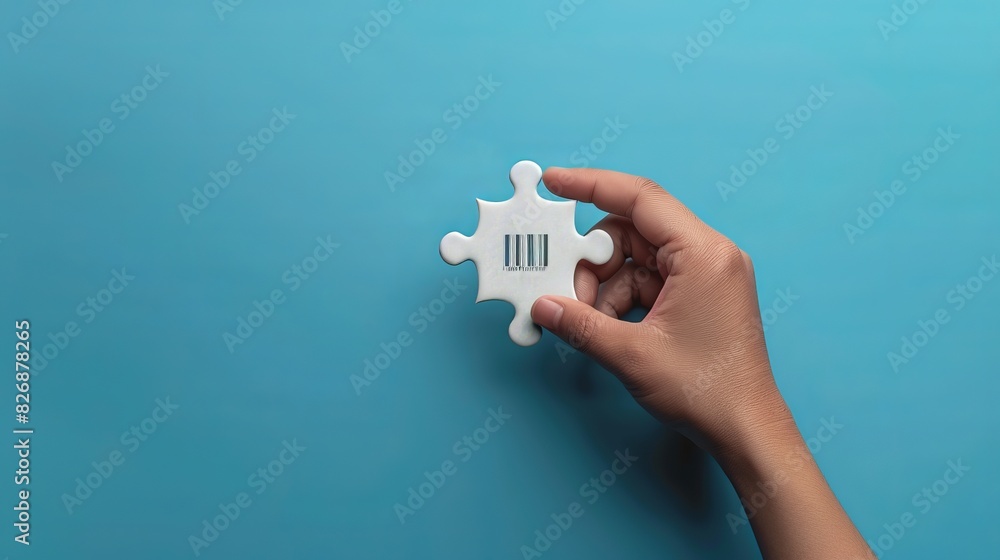 Poster a hand holding a white puzzle piece with a digital code on a pastel background, digital binary as ob