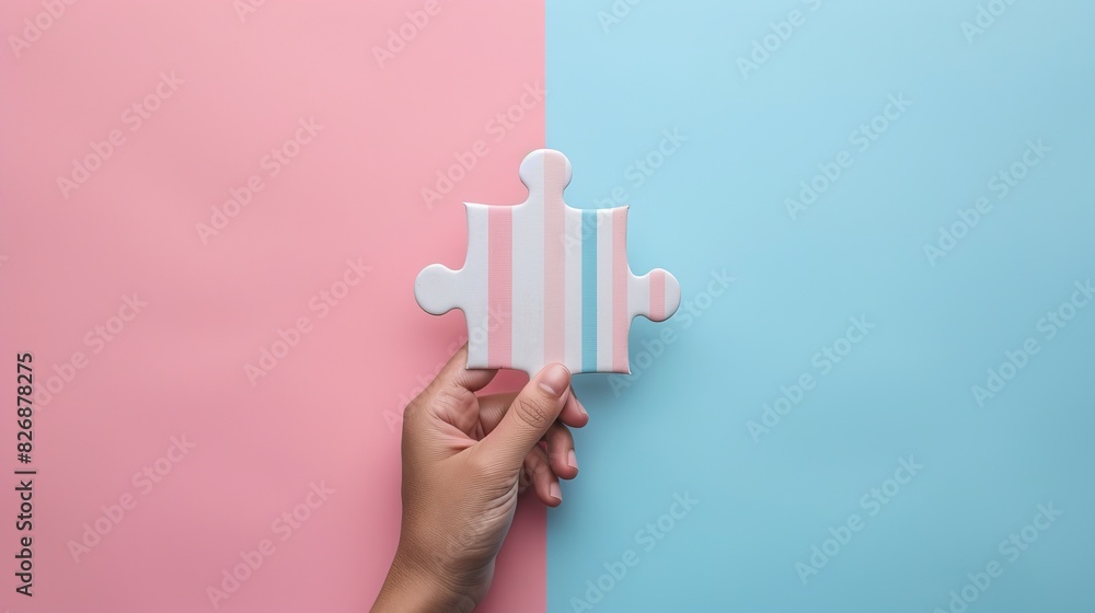 Poster a hand holds a white puzzle piece with a big digital bar code on a pastel background, digital binary
