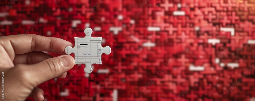 Poster a hand holds a white puzzle piece with a digital bar code on a red background, digital binary as obj