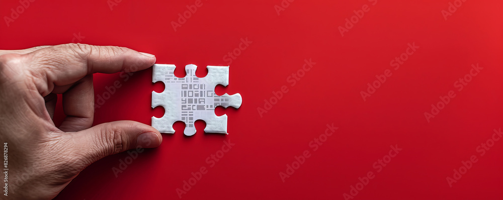 Poster a hand holds a white puzzle piece with a digital bar code on a red background, digital binary as obj