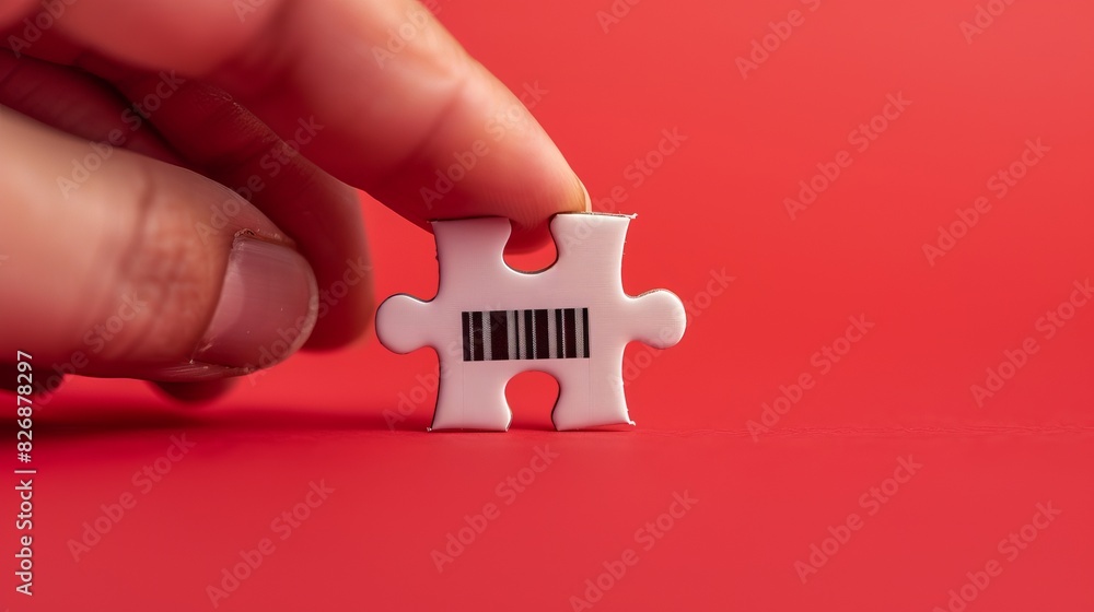 Poster a hand holds a white puzzle piece with a digital bar code on a red background, digital binary as obj