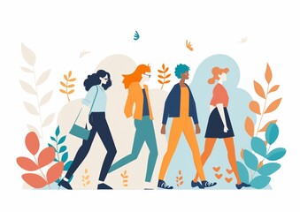 Modern Illustration of Four People Walking Outdoors in a Stylized Nature Setting