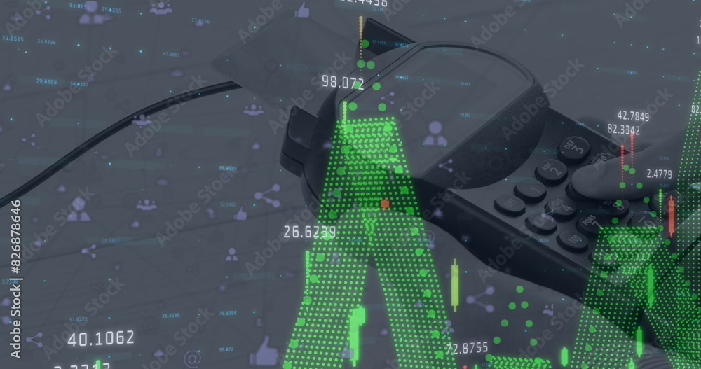 Poster image of connections with tech icons over diverse financial data and payment terminal