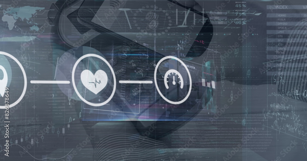 Poster image of connections with tech icons over diverse financial data and payment terminal
