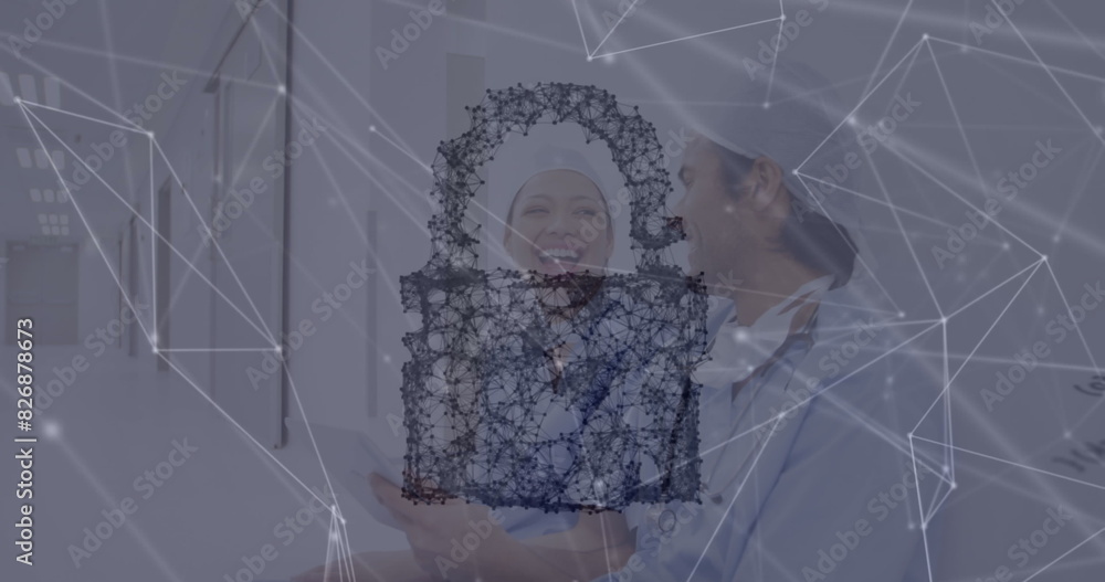 Sticker image of data processing with padlock icon and network of connections over diverse doctors