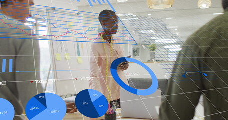 Image of financial data processing over diverse business people