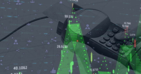 Image of connections with tech icons over diverse financial data and payment terminal