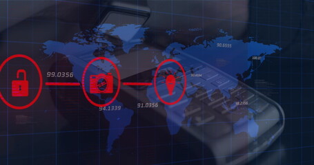 Image of financial data processing over world map