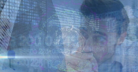 Obraz premium Image of globe of connections and texts over diverse doctor and patient