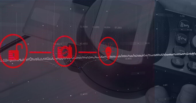 Image of connections with tech icons over diverse financial data and payment terminal