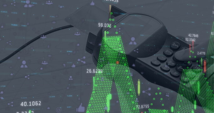 Image of connections with tech icons over diverse financial data and payment terminal