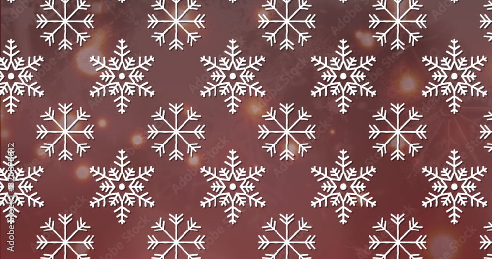 Poster image of snowflakes icons in seamless pattern over spots of light against red background