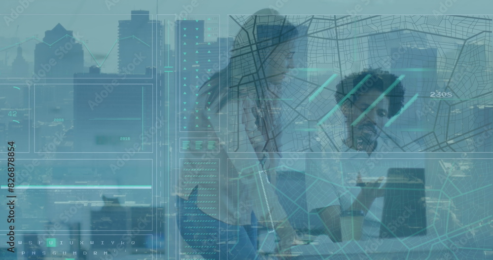 Aufkleber image of interface with data processing over diverse man and woman discussing at office