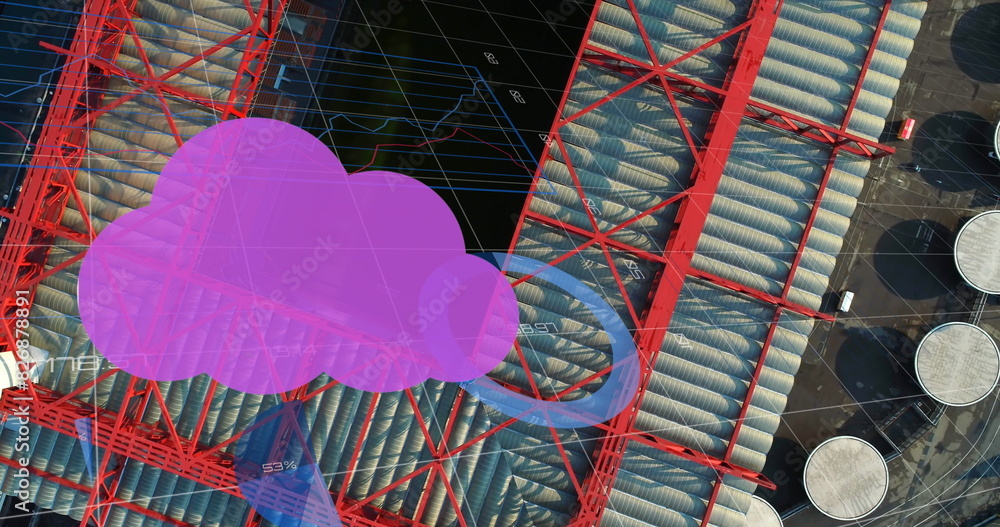 Poster Image of cloud symbol with increasing percentage, data processing and aerial view of factory