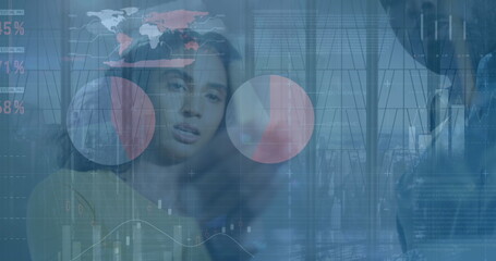 Image of statistical data processing over diverse man and woman discussing at office