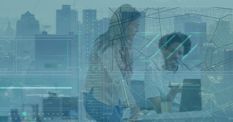 Image of interface with data processing over diverse man and woman discussing at office