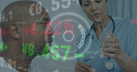 Image of financial data processing and scope scanning over diverse doctor and patient