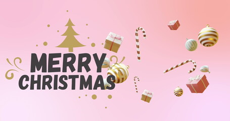 Image of christmas greetings text over christmas decorations on pink background