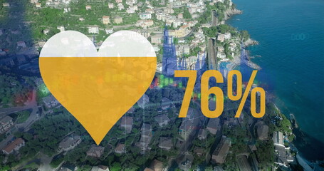 Image of heart icon with increasing percentage and data processing over aerial view of cityscape