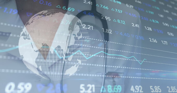 Image of financial data processing and globe over caucasian female doctor