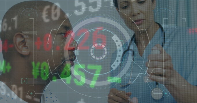 Image of financial data processing and scope scanning over diverse doctor and patient