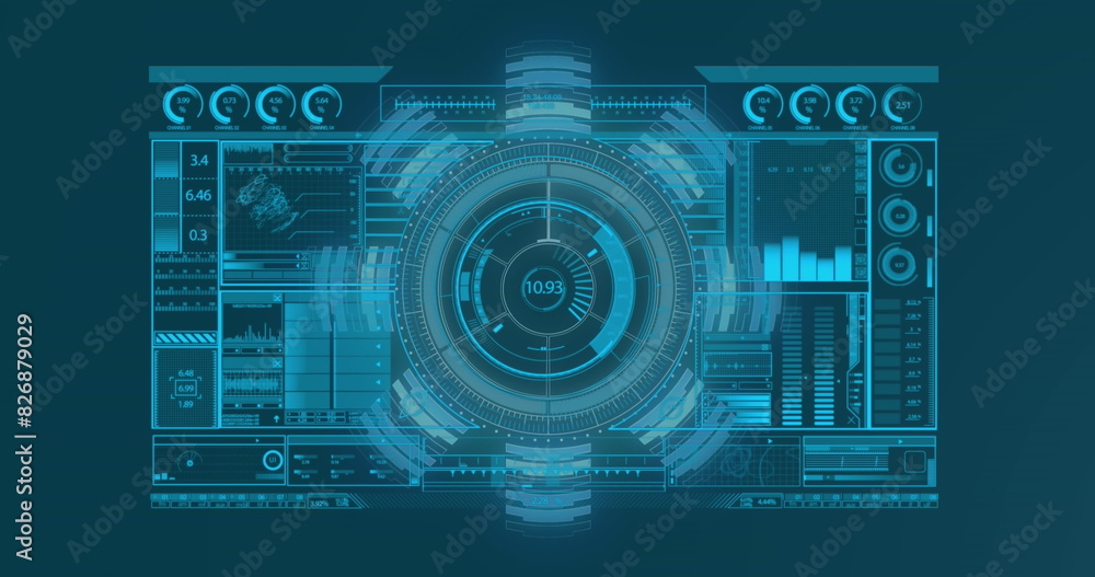 Poster image of abstract geometric shape over interface with stock market data processing