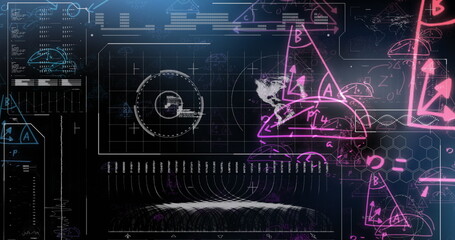 Image of mathematical equations over data processing on black background