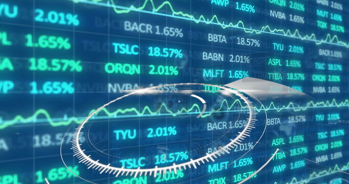 Image of globe over round scanner and stock market data processing against blue background