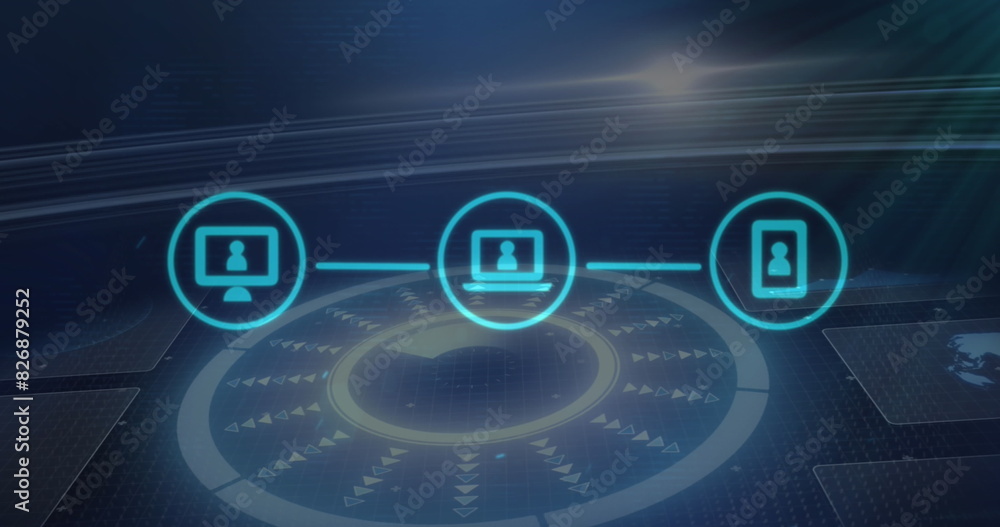 Poster image of network of connections with icons over scope scanning on black background