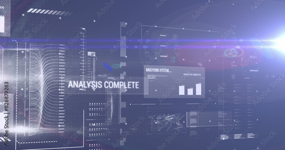 Poster image of interface with data processing against light spot on blue background