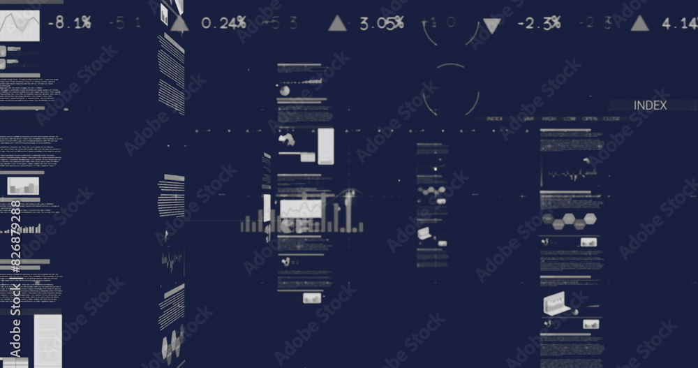 Poster image of screens with statistical and financial data processing against black background