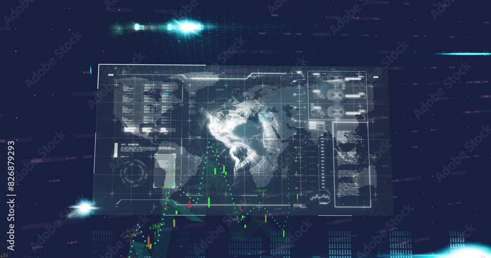 Poster man in dim room examining digital world map on screen, analyzing data