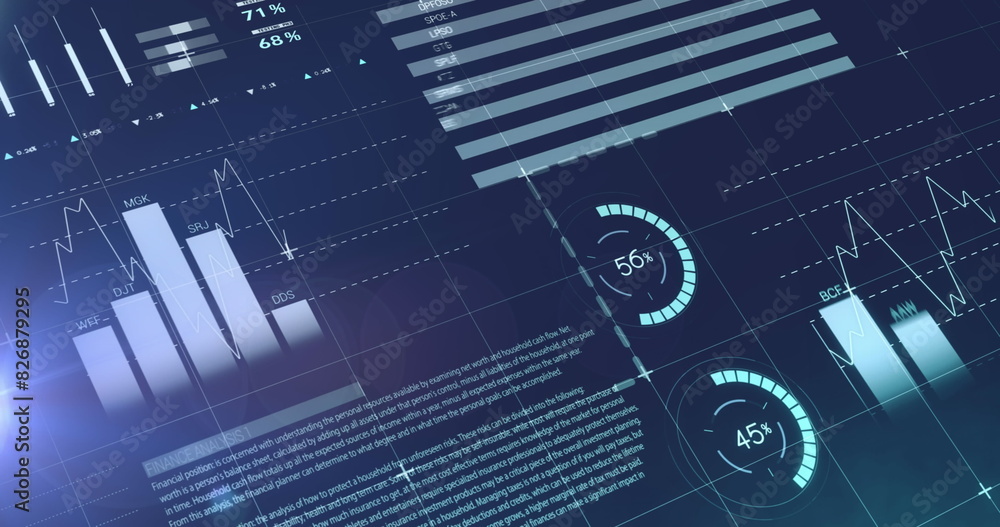 Poster image of statistical data processing against light spot on blue background